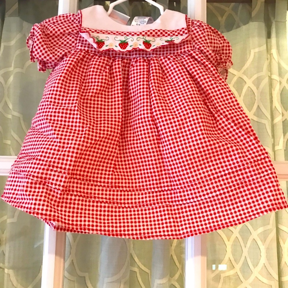 BT Kids size 6 - 9 months red checked embroidered strawberry dress - so sweet!